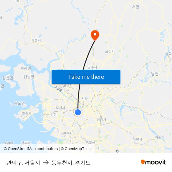 관악구, 서울시 to 동두천시, 경기도 map