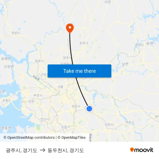 광주시, 경기도 to 동두천시, 경기도 map