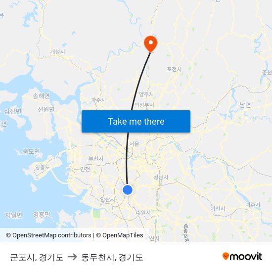 군포시, 경기도 to 동두천시, 경기도 map