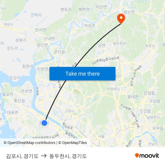 김포시, 경기도 to 동두천시, 경기도 map