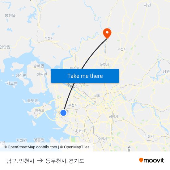 남구, 인천시 to 동두천시, 경기도 map