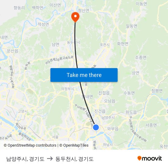 남양주시, 경기도 to 동두천시, 경기도 map