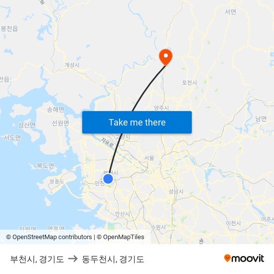 부천시, 경기도 to 동두천시, 경기도 map