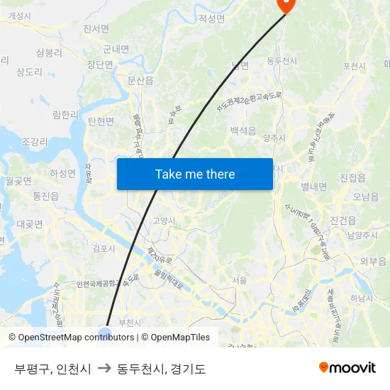 부평구, 인천시 to 동두천시, 경기도 map