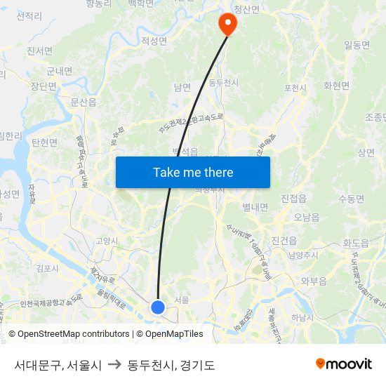 서대문구, 서울시 to 동두천시, 경기도 map