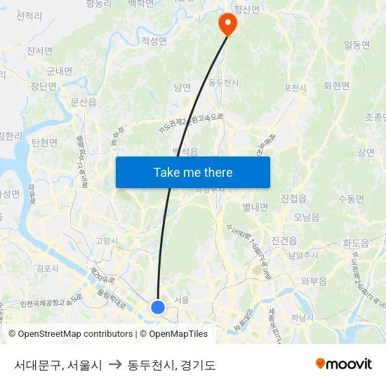 서대문구, 서울시 to 동두천시, 경기도 map