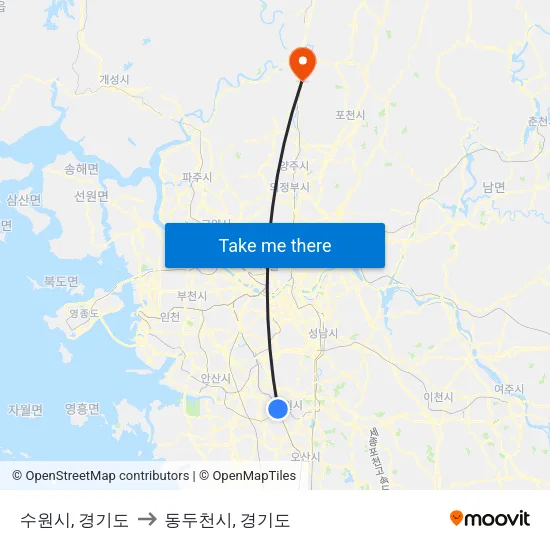 수원시, 경기도 to 동두천시, 경기도 map