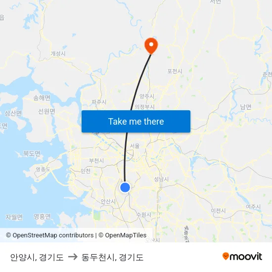 안양시, 경기도 to 동두천시, 경기도 map