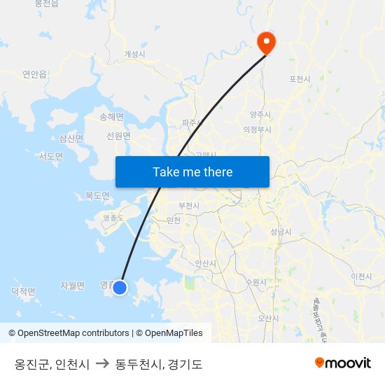 옹진군, 인천시 to 동두천시, 경기도 map