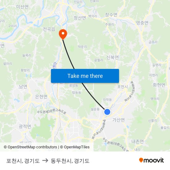 포천시, 경기도 to 동두천시, 경기도 map