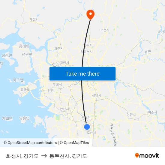 화성시, 경기도 to 동두천시, 경기도 map