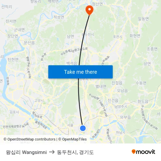 왕십리 Wangsimni to 동두천시, 경기도 map