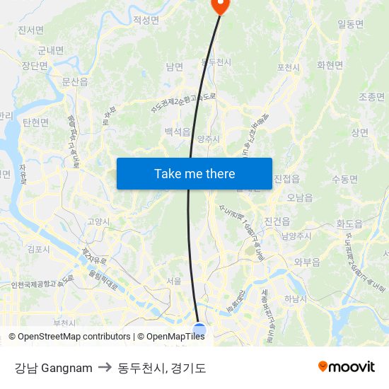 강남 Gangnam to 동두천시, 경기도 map