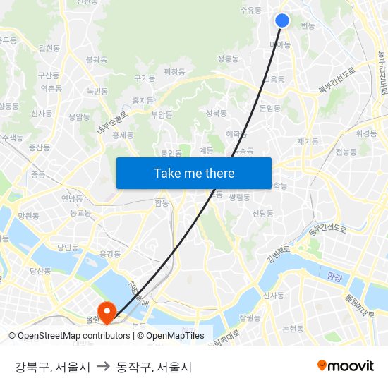 강북구, 서울시 to 동작구, 서울시 map