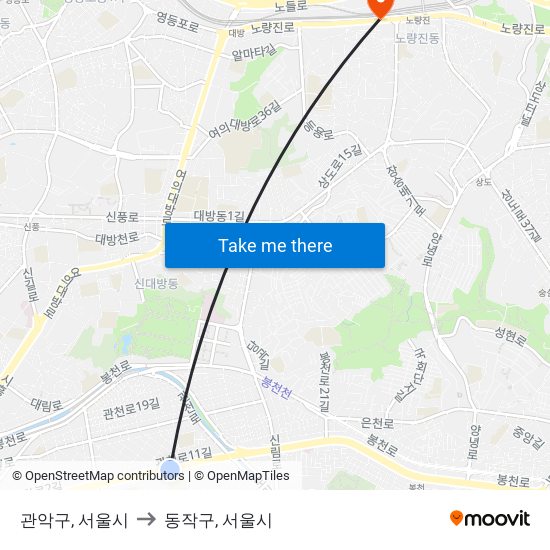관악구, 서울시 to 동작구, 서울시 map