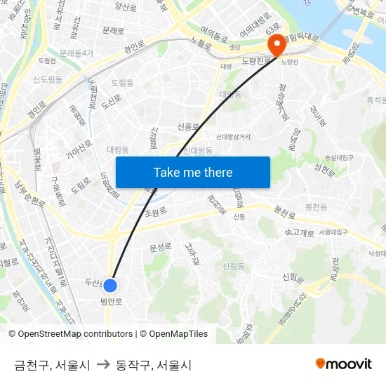 금천구, 서울시 to 동작구, 서울시 map
