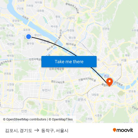 김포시, 경기도 to 동작구, 서울시 map