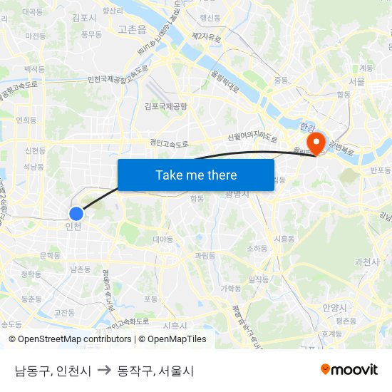 남동구, 인천시 to 동작구, 서울시 map