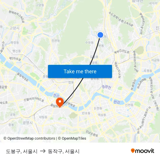 도봉구, 서울시 to 동작구, 서울시 map