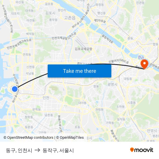 동구, 인천시 to 동작구, 서울시 map
