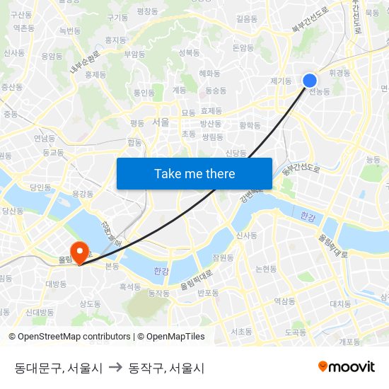 동대문구, 서울시 to 동작구, 서울시 map