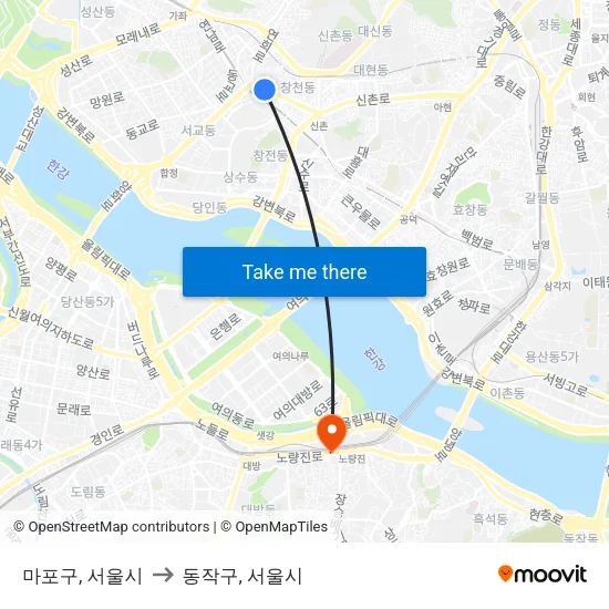 마포구, 서울시 to 동작구, 서울시 map