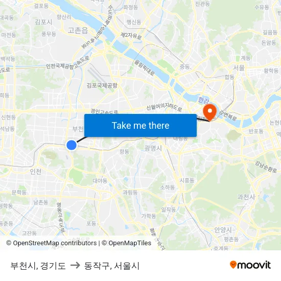 부천시, 경기도 to 동작구, 서울시 map