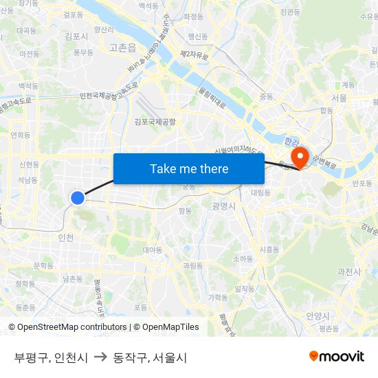 부평구, 인천시 to 동작구, 서울시 map