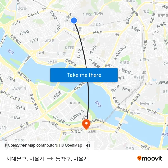 서대문구, 서울시 to 동작구, 서울시 map