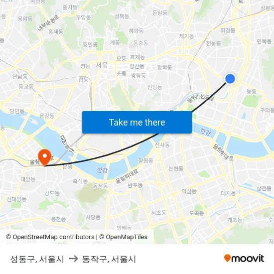 성동구, 서울시 to 동작구, 서울시 map