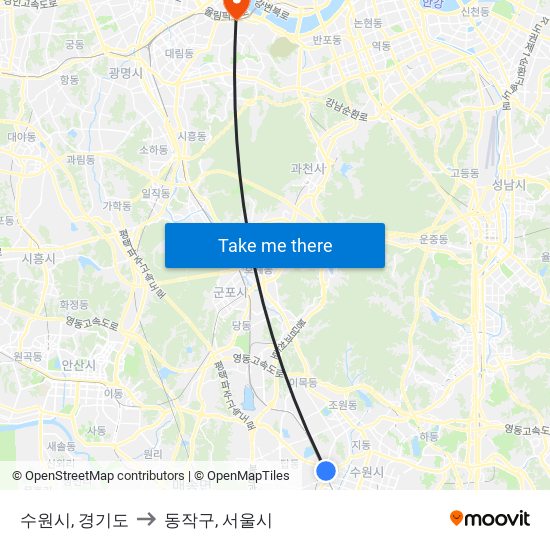 수원시, 경기도 to 동작구, 서울시 map