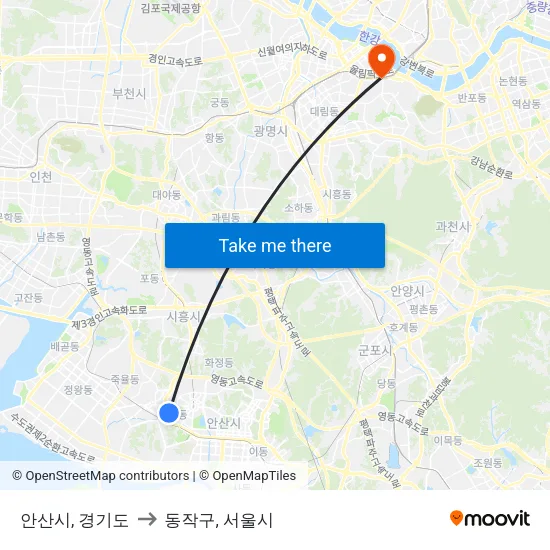 안산시, 경기도 to 동작구, 서울시 map