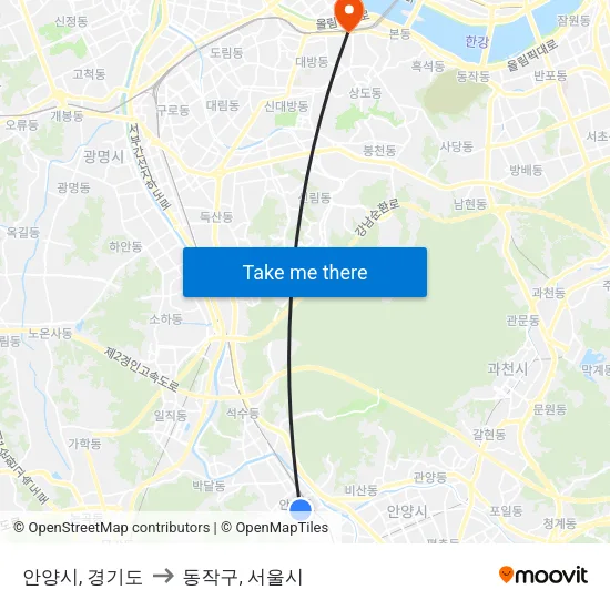 안양시, 경기도 to 동작구, 서울시 map