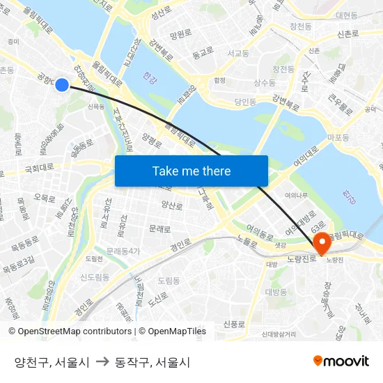 양천구, 서울시 to 동작구, 서울시 map
