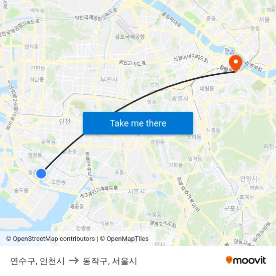 연수구, 인천시 to 동작구, 서울시 map