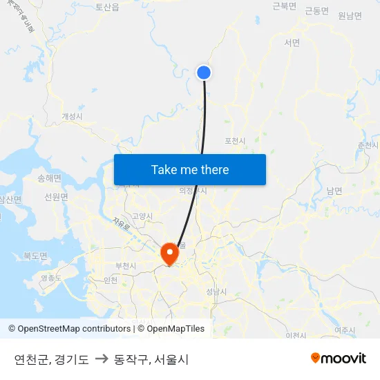 연천군, 경기도 to 동작구, 서울시 map