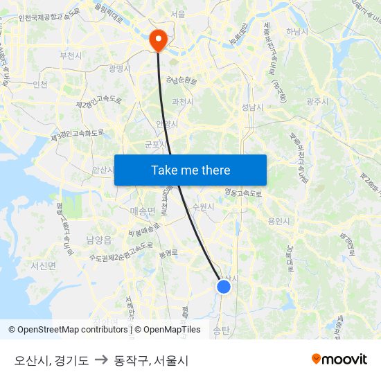 오산시, 경기도 to 동작구, 서울시 map