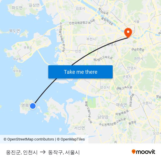 옹진군, 인천시 to 동작구, 서울시 map