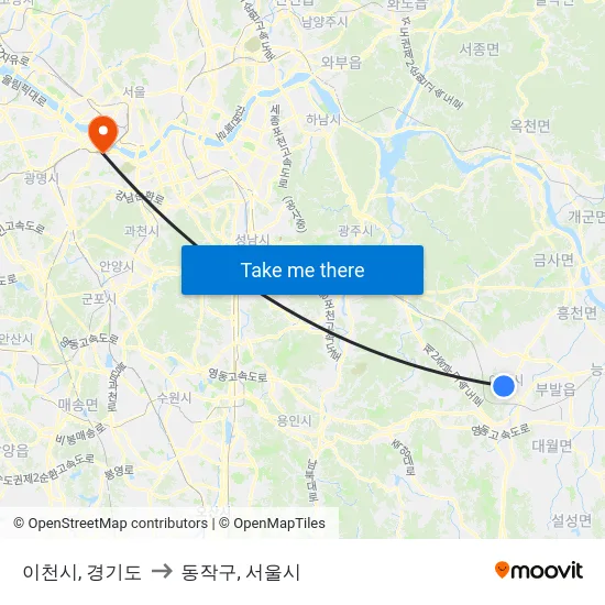 이천시, 경기도 to 동작구, 서울시 map
