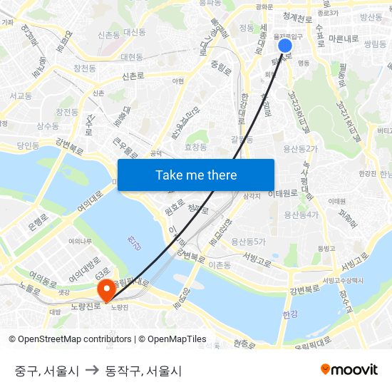 중구, 서울시 to 동작구, 서울시 map