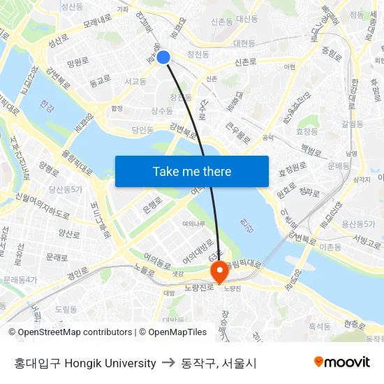 홍대입구 Hongik University to 동작구, 서울시 map