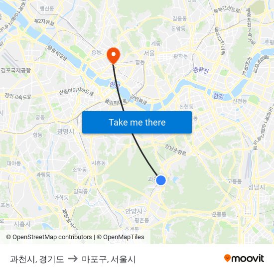 과천시, 경기도 to 마포구, 서울시 map