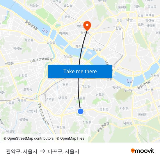 관악구, 서울시 to 마포구, 서울시 map
