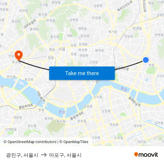 광진구, 서울시 to 마포구, 서울시 map