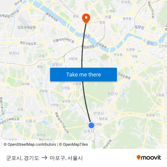군포시, 경기도 to 마포구, 서울시 map