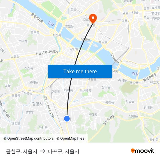 금천구, 서울시 to 마포구, 서울시 map