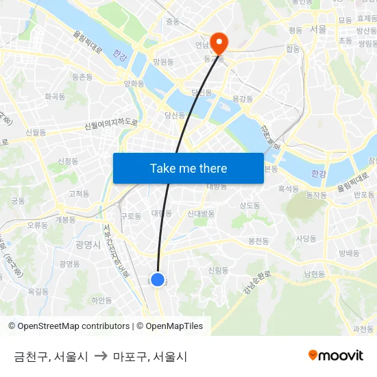 금천구, 서울시 to 마포구, 서울시 map