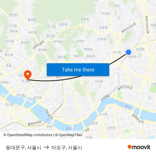 동대문구, 서울시 to 마포구, 서울시 map