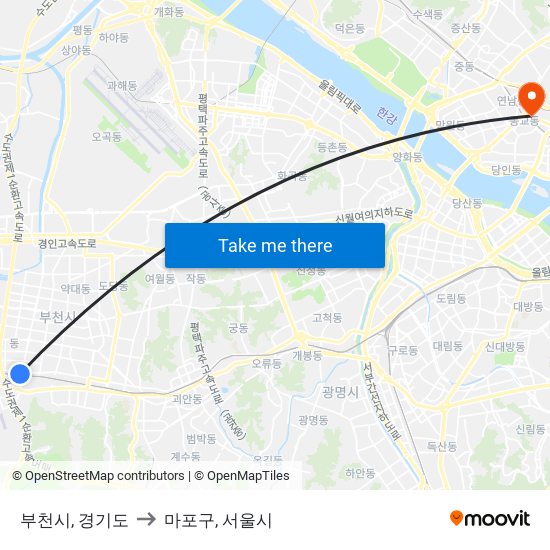 부천시, 경기도 to 마포구, 서울시 map