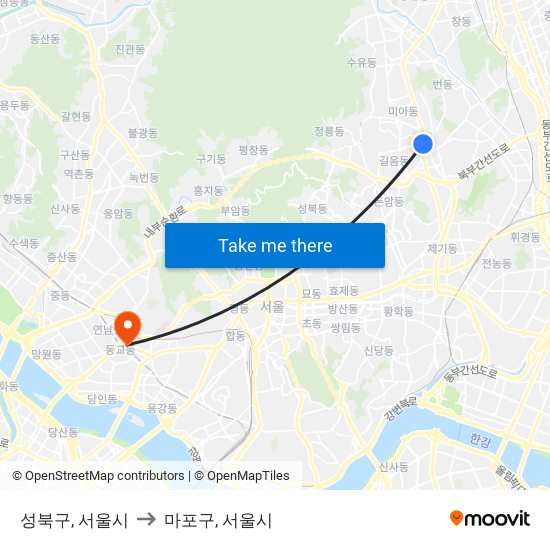 성북구, 서울시 to 마포구, 서울시 map